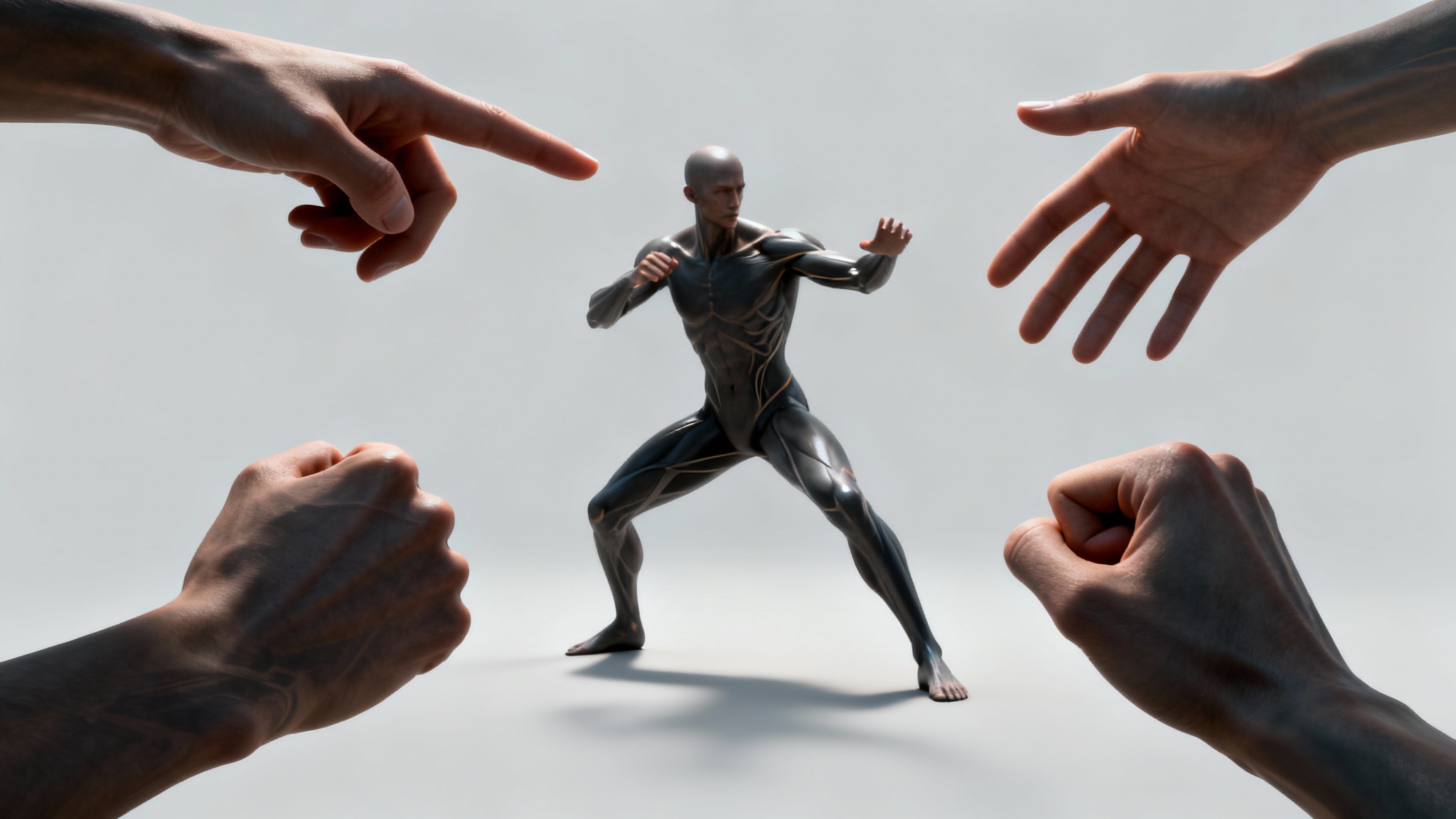 A hero image displaying various human gesture poses, with a central figure in an action stance surrounded by close-ups of different hand gestures, all rendered realistically.