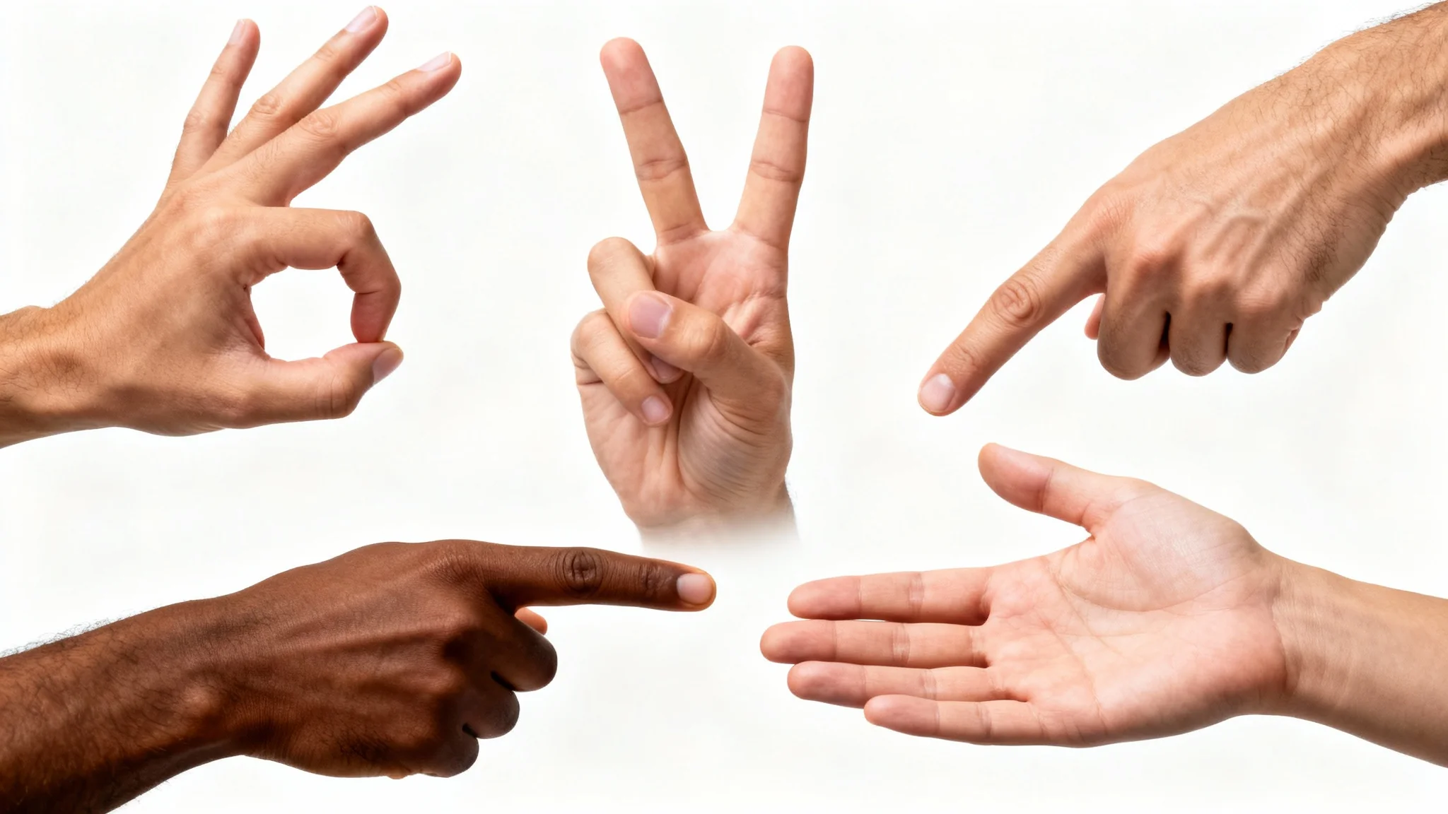 A photorealistic image displaying a variety of human hands with different skin tones, each making a unique gesture like a peace sign or an okay symbol, set against a clean white background.