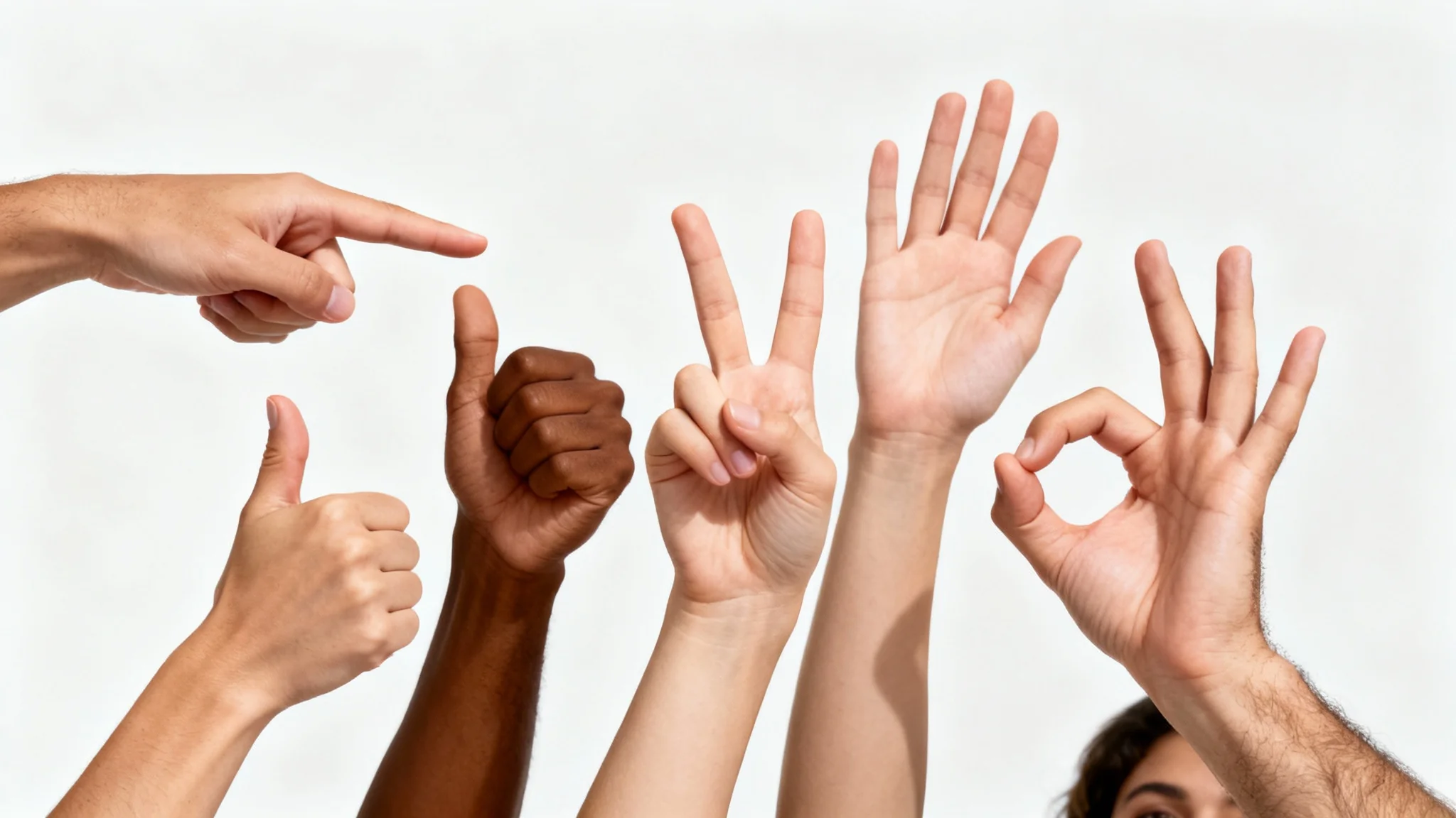 A diverse collection of hands demonstrating various gestures, including a thumbs-up, a pointing finger, and a peace sign, arranged against a clean white background.