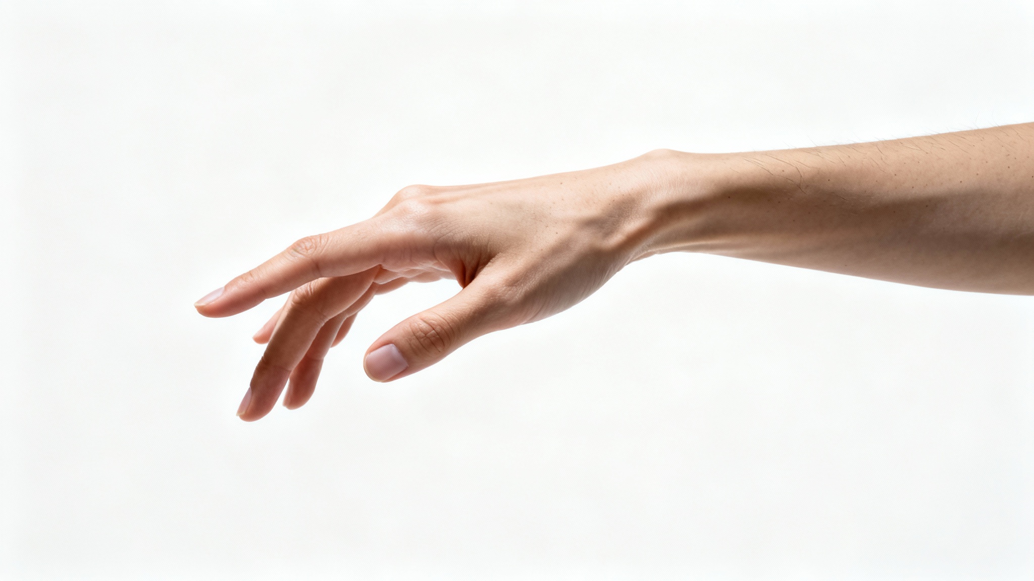 A photorealistic close-up image of a hand making an elegant gesture against a plain white background, symbolizing a gesture pose.