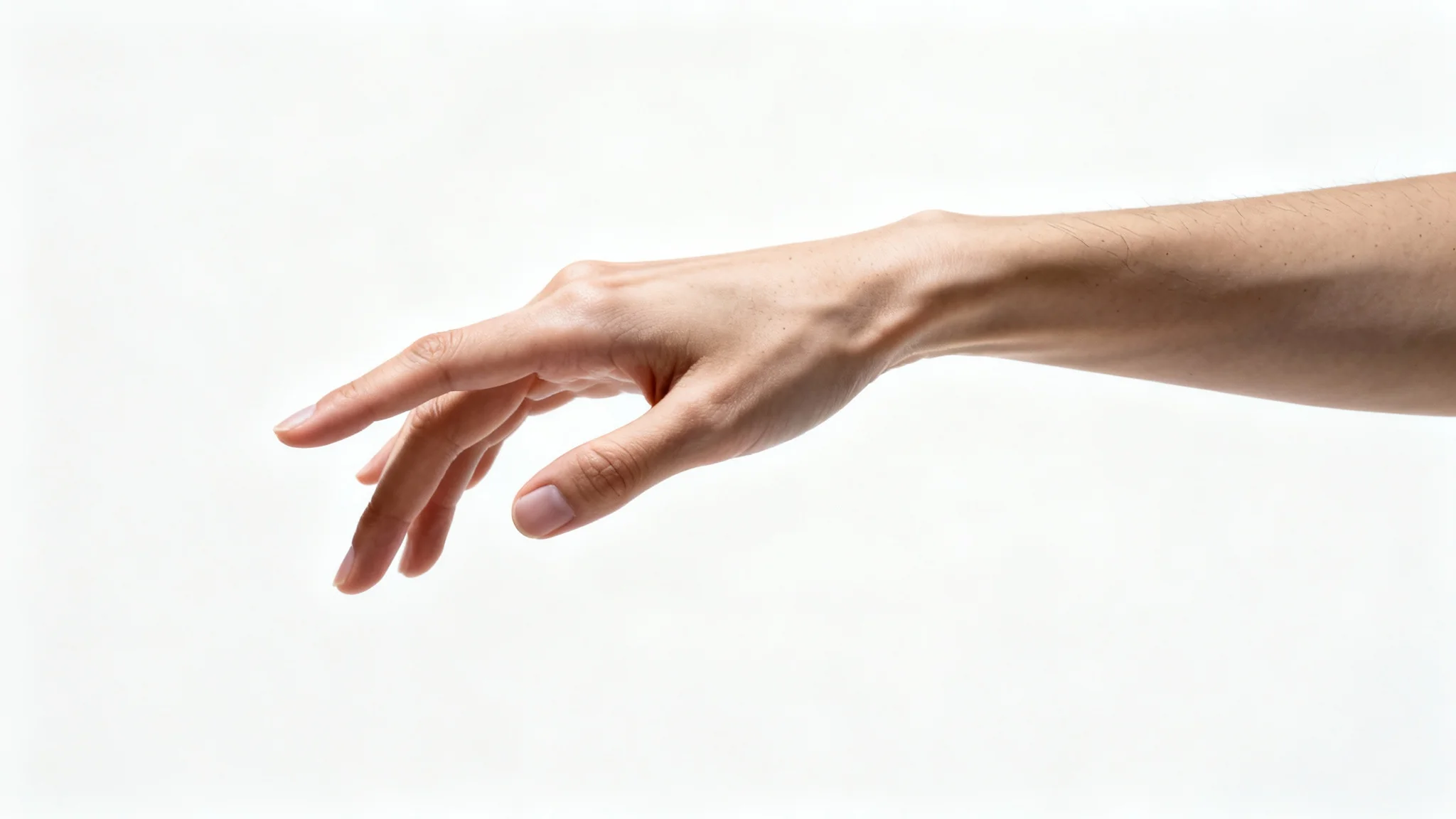 A photorealistic close-up image of a hand making an elegant gesture against a plain white background, symbolizing a gesture pose.