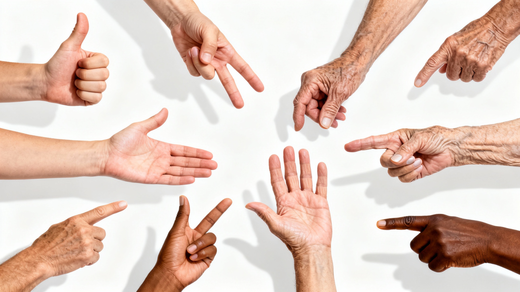 A photorealistic collage of diverse human hands in various poses, such as a thumbs-up and a peace sign, set against a clean white background to represent gesture poses.