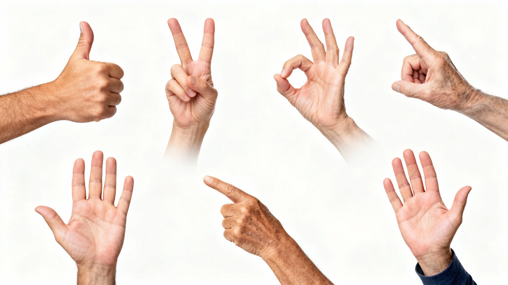 A collage of diverse hands making various gestures like thumbs-up and peace signs, set against a clean white background, illustrating different hand poses.