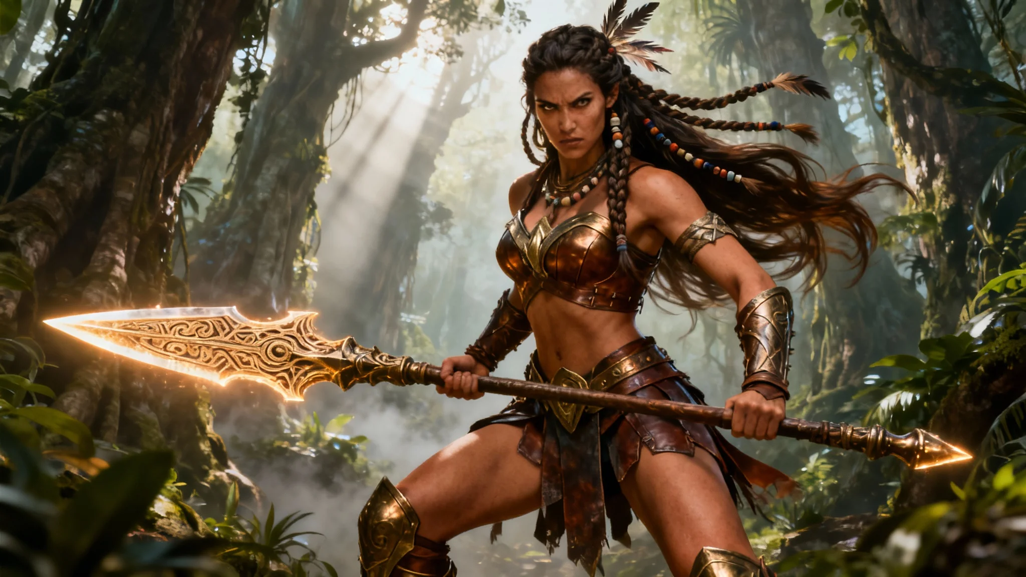 A hyper-realistic digital artwork of a powerful Amazon warrior in a lush jungle, holding a spear with cinematic lighting, presented as a final piece of concept art.