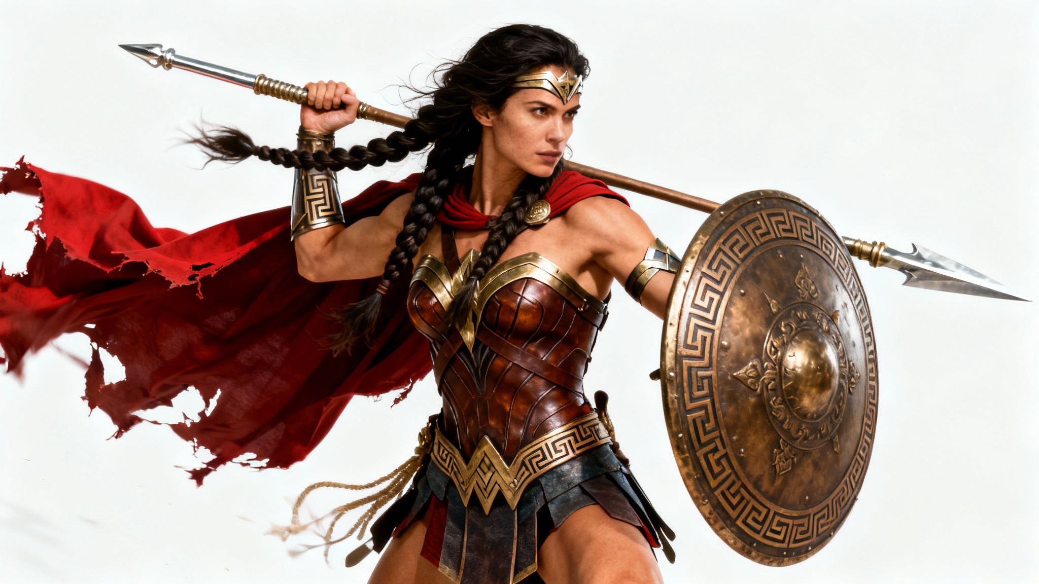 A hyper-realistic digital painting of a powerful Amazon warrior in ornate bronze armor, holding a spear and shield in a dynamic pose against a clean white background.