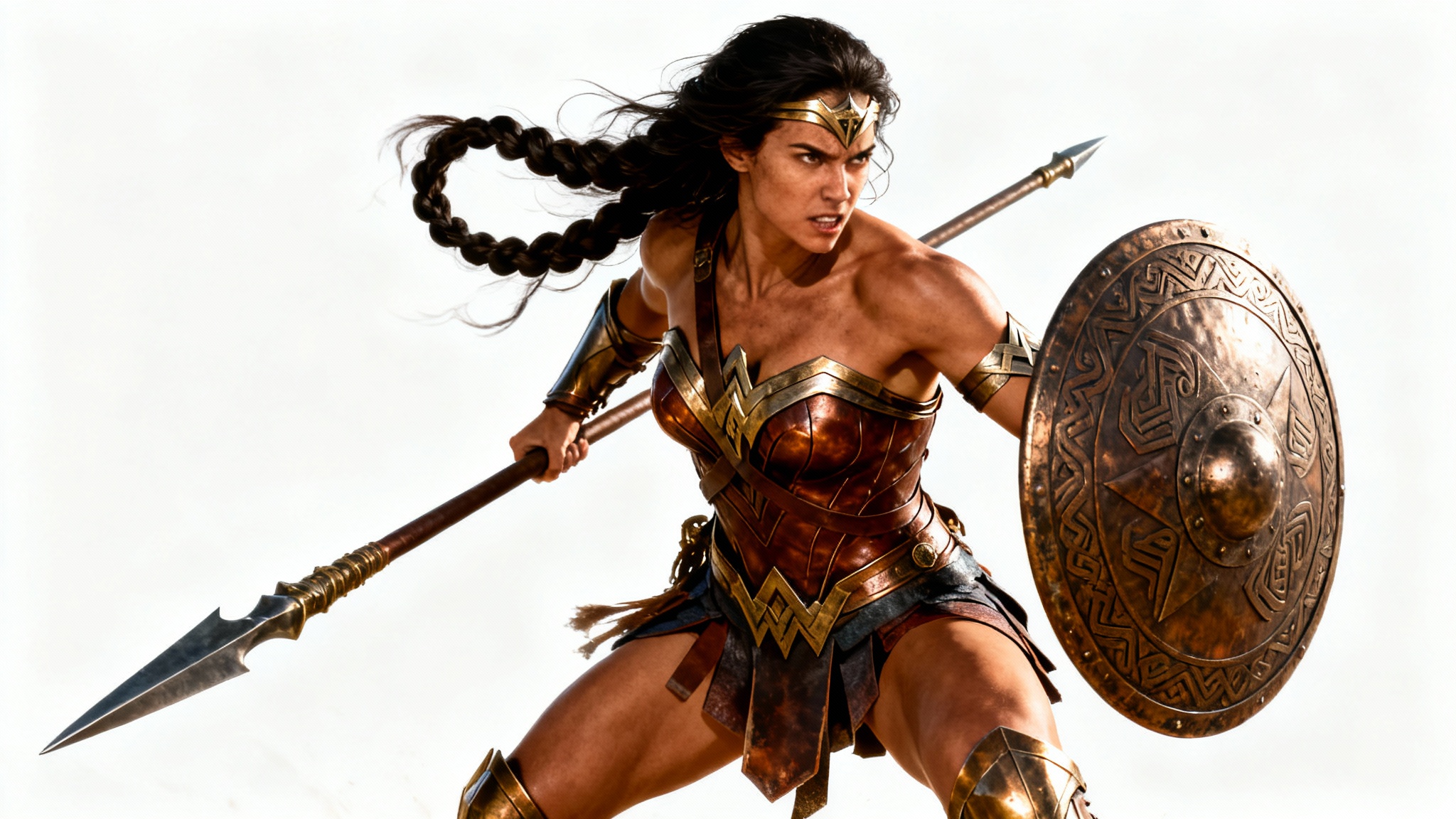 A hyper-realistic digital painting of a powerful Amazon warrior with dark braided hair, wearing intricate bronze and leather armor and holding a spear and shield, posing dynamically against a plain white background.