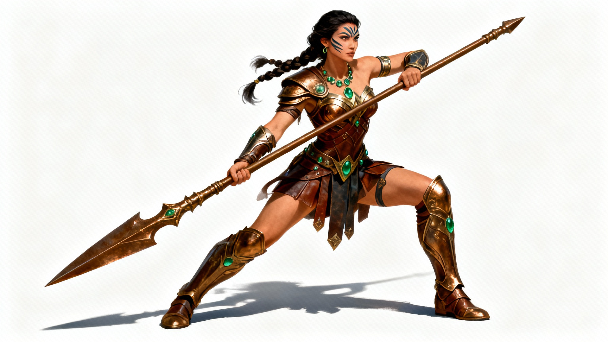 Digital painting of a powerful Amazon warrior in detailed bronze armor, holding a spear against a white background.
