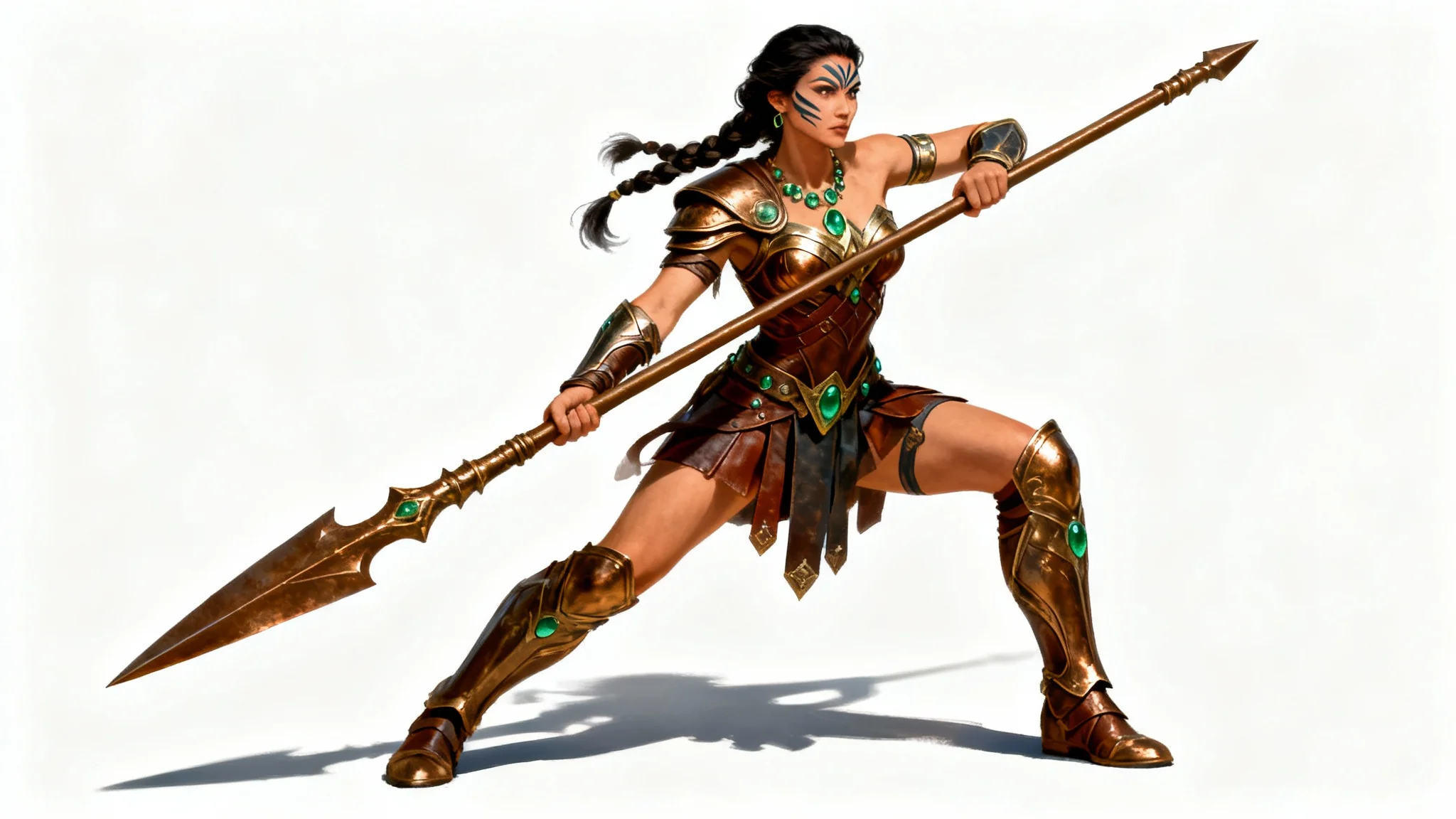 Digital painting of a powerful Amazon warrior in detailed bronze armor, holding a spear against a white background.