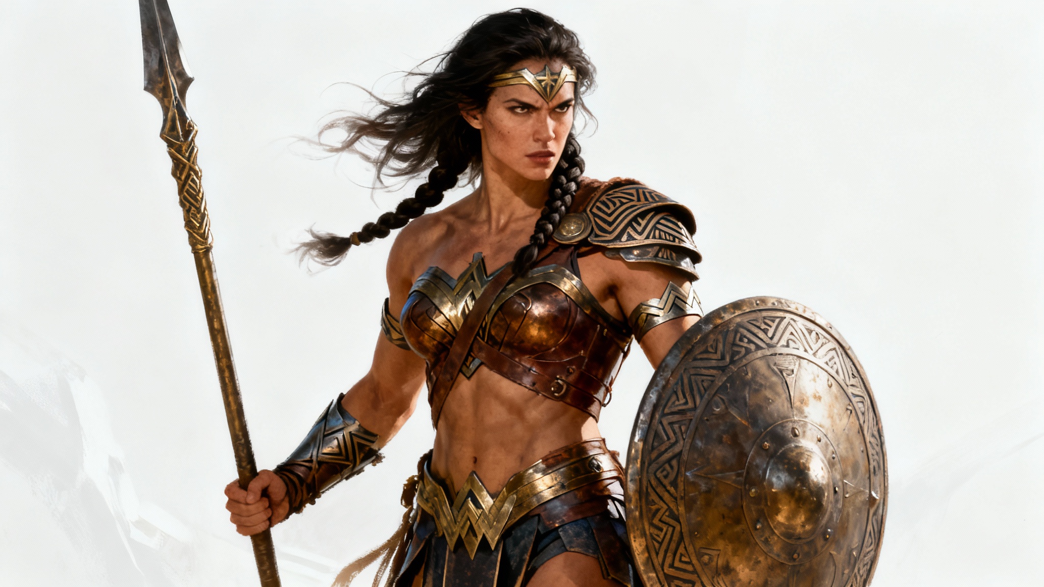 A hyperrealistic digital painting of a fierce Amazon warrior in full armor, holding a spear and shield, standing against a stark white background.