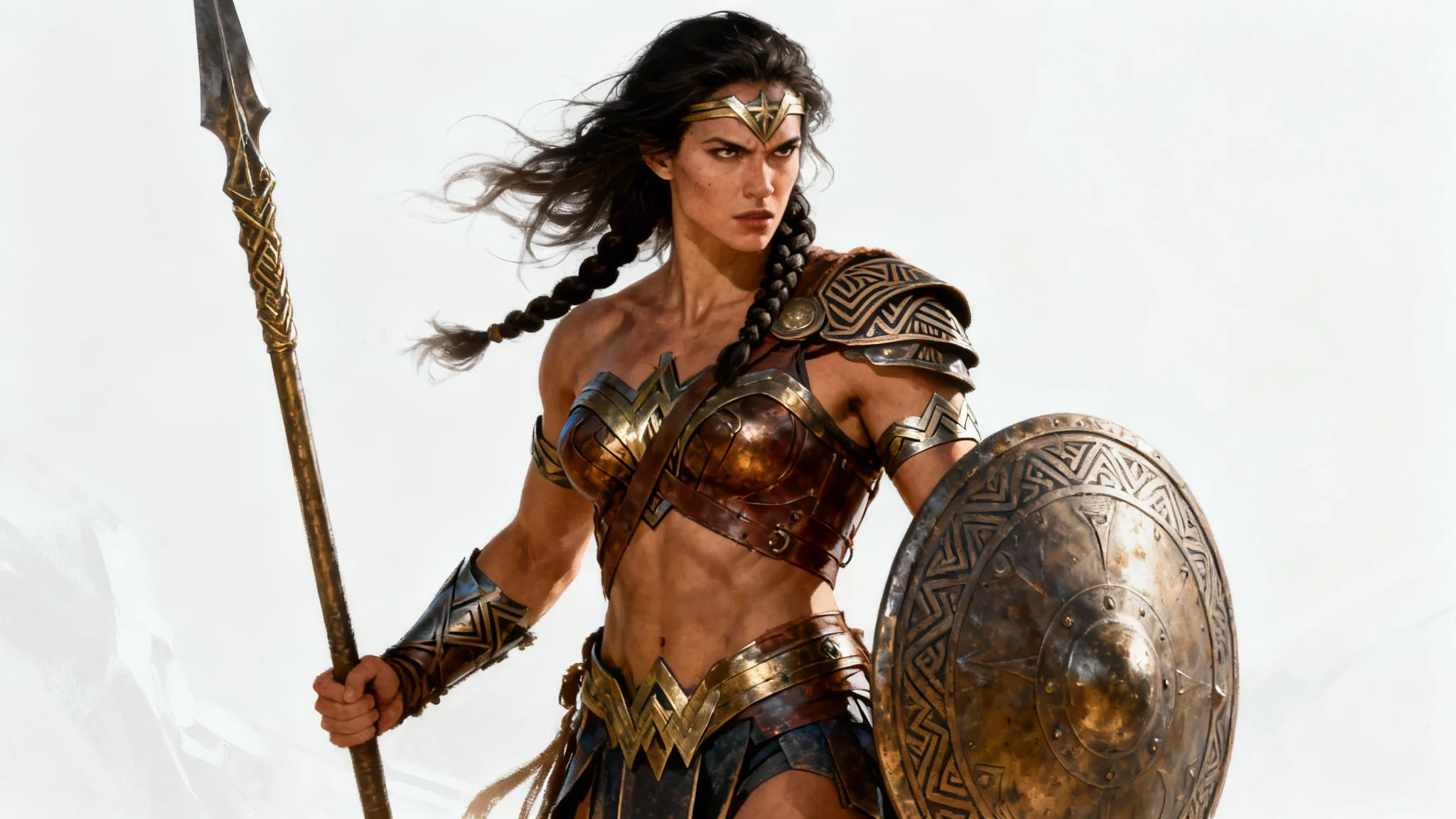A hyperrealistic digital painting of a fierce Amazon warrior in full armor, holding a spear and shield, standing against a stark white background.