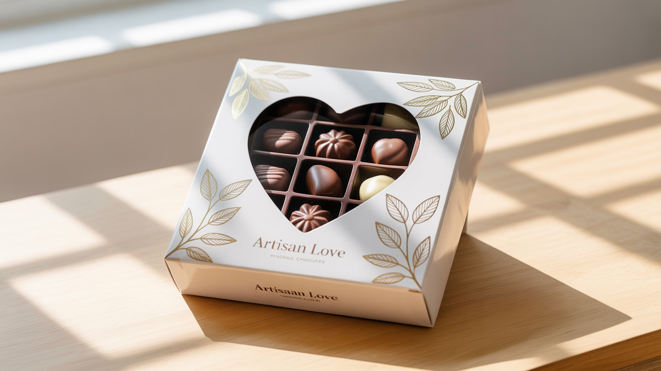 A professionally designed white window box for chocolates, featuring a heart-shaped window, gold floral accents, and the text 'Artisan Love' in gold font, set against a clean white background.