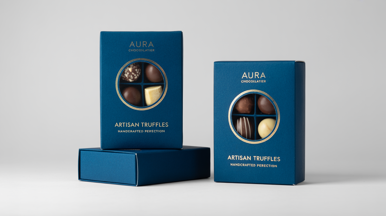 Three sophisticated navy blue and gold window boxes for 'Aura Chocolatier' artisan truffles, displayed in a clean product mockup against a white background, showing the chocolates through a clear circular window.