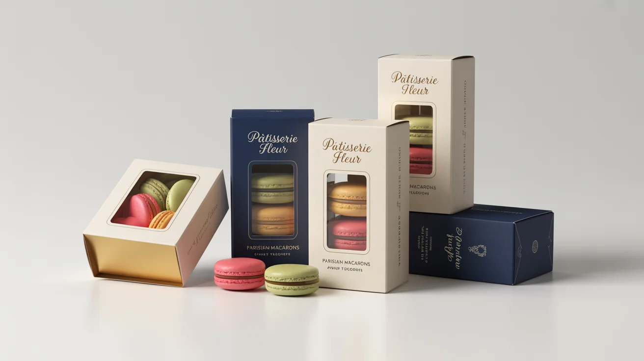 A professional product shot of three elegant navy blue and cream window boxes for 'Pâtisserie Fleur' Parisian Macarons, shown on a plain white background. One box is closed, another is angled, and a third is open with colorful macarons spilling out.