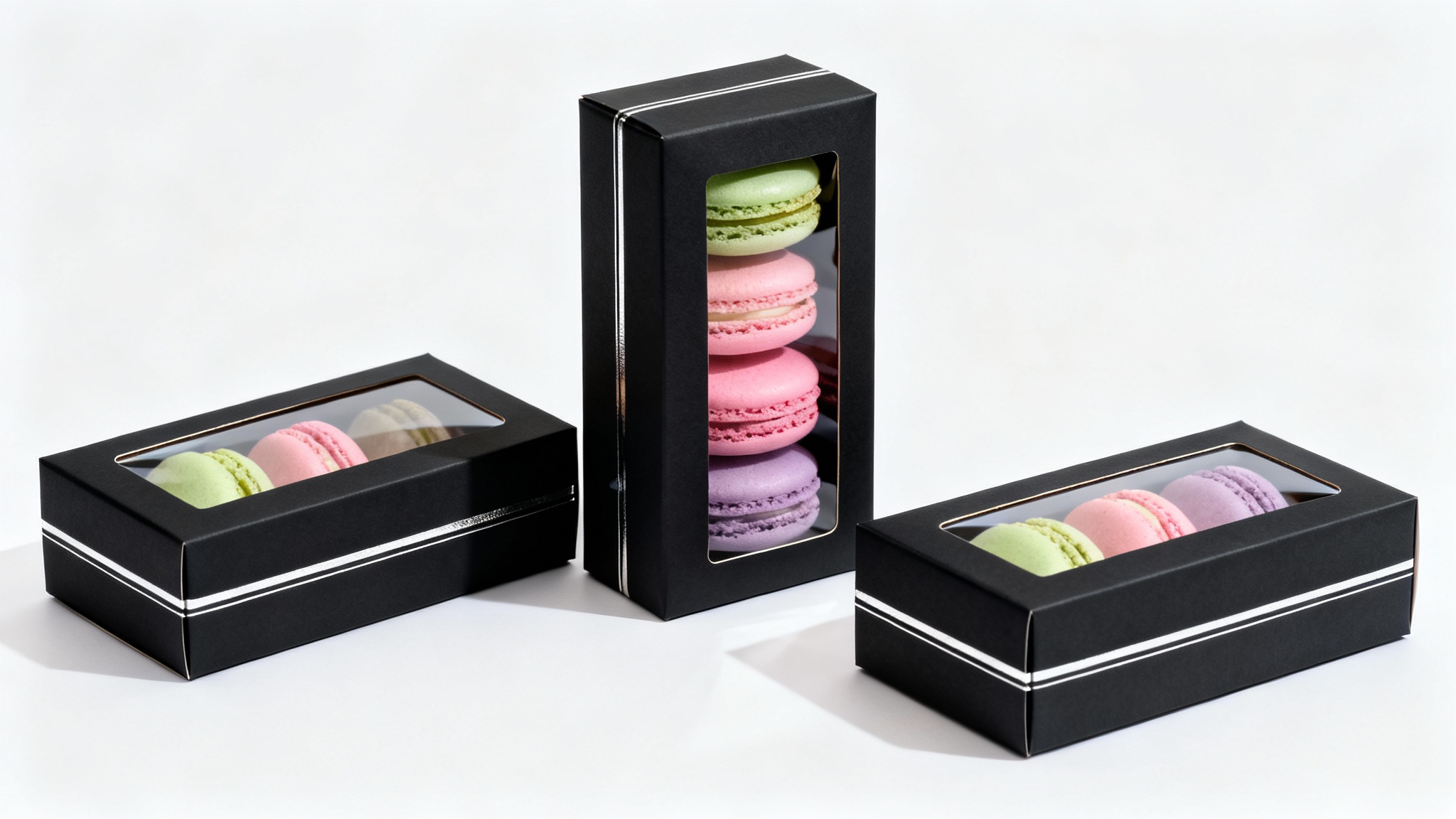 Three sophisticated black window box packages displaying colorful macarons, arranged stylishly on a pristine white background in a studio setting.