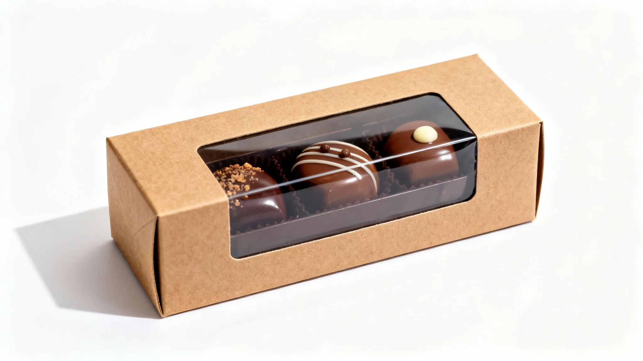 A minimalist, eco-friendly window box package made of kraft paper, showcasing three artisanal chocolates inside, set against a clean white background.