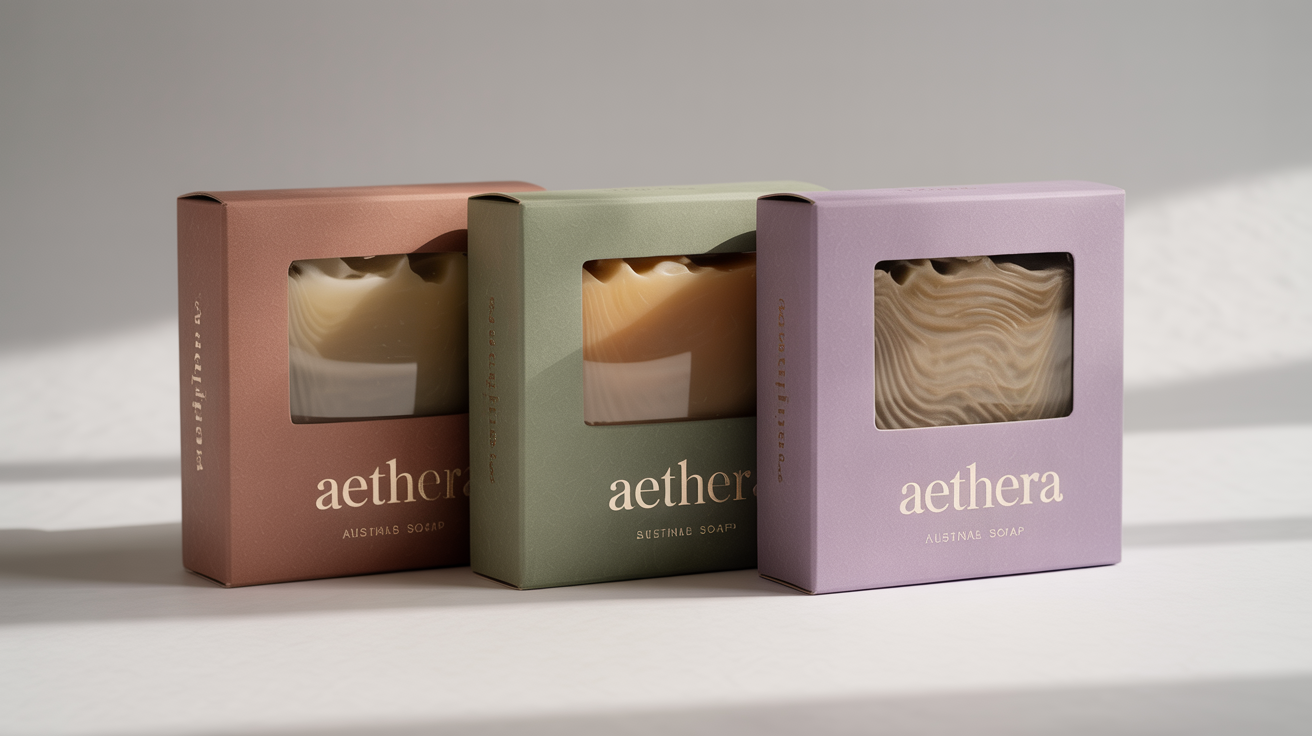 A product mockup of three sophisticated, pastel-colored window box packages for soap, arranged neatly on a white background. The fictional brand name 'Aethera' is printed in gold.