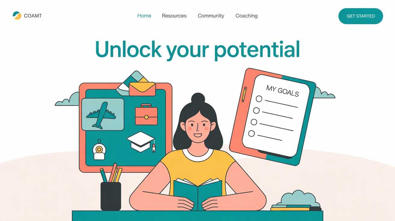 A vibrant flat illustration of a woman at a desk planning her goals. On the wall is a vision board with icons for travel, education, and career, representing the process of goal setting.