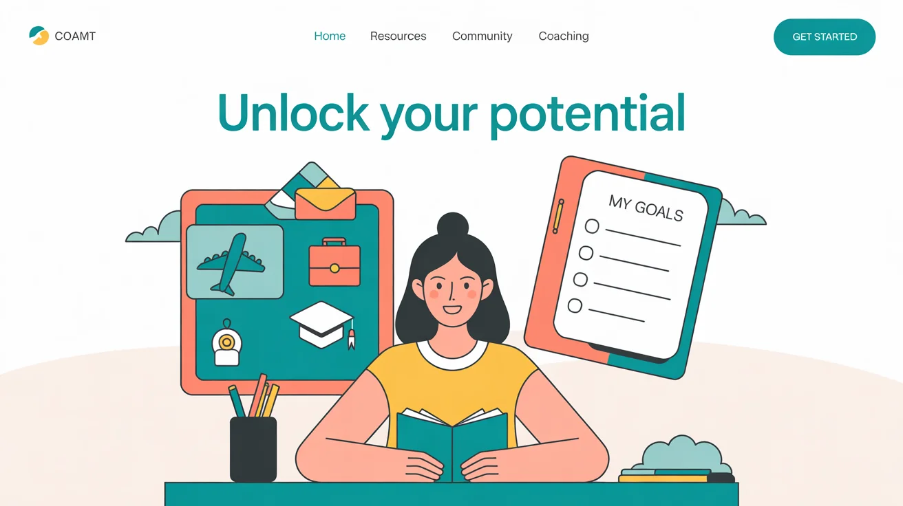 A vibrant flat illustration of a woman at a desk planning her goals. On the wall is a vision board with icons for travel, education, and career, representing the process of goal setting.