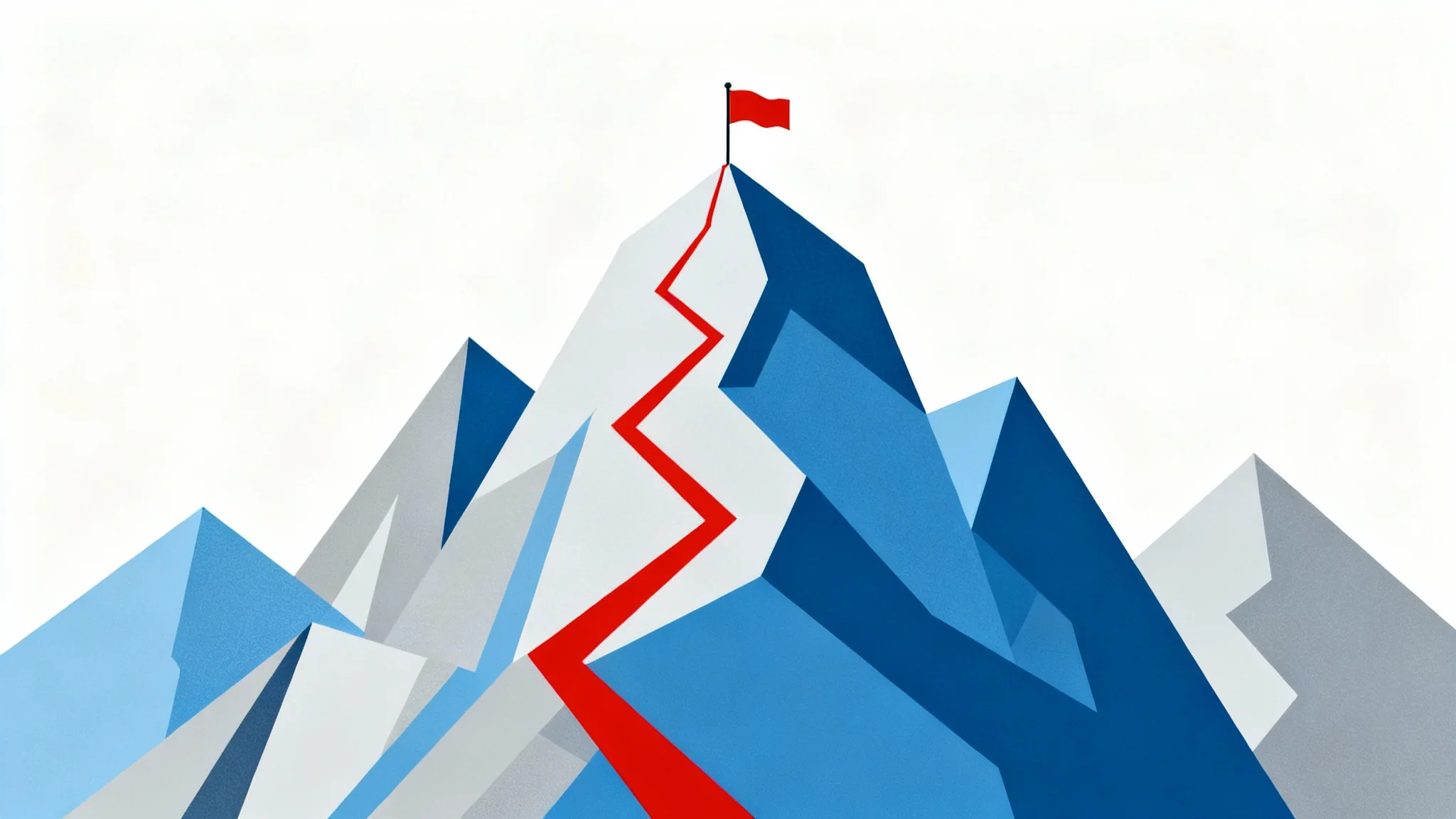 A minimalist vector illustration of a mountain with a red path leading to a flag at the summit, symbolizing goal setting and achievement.