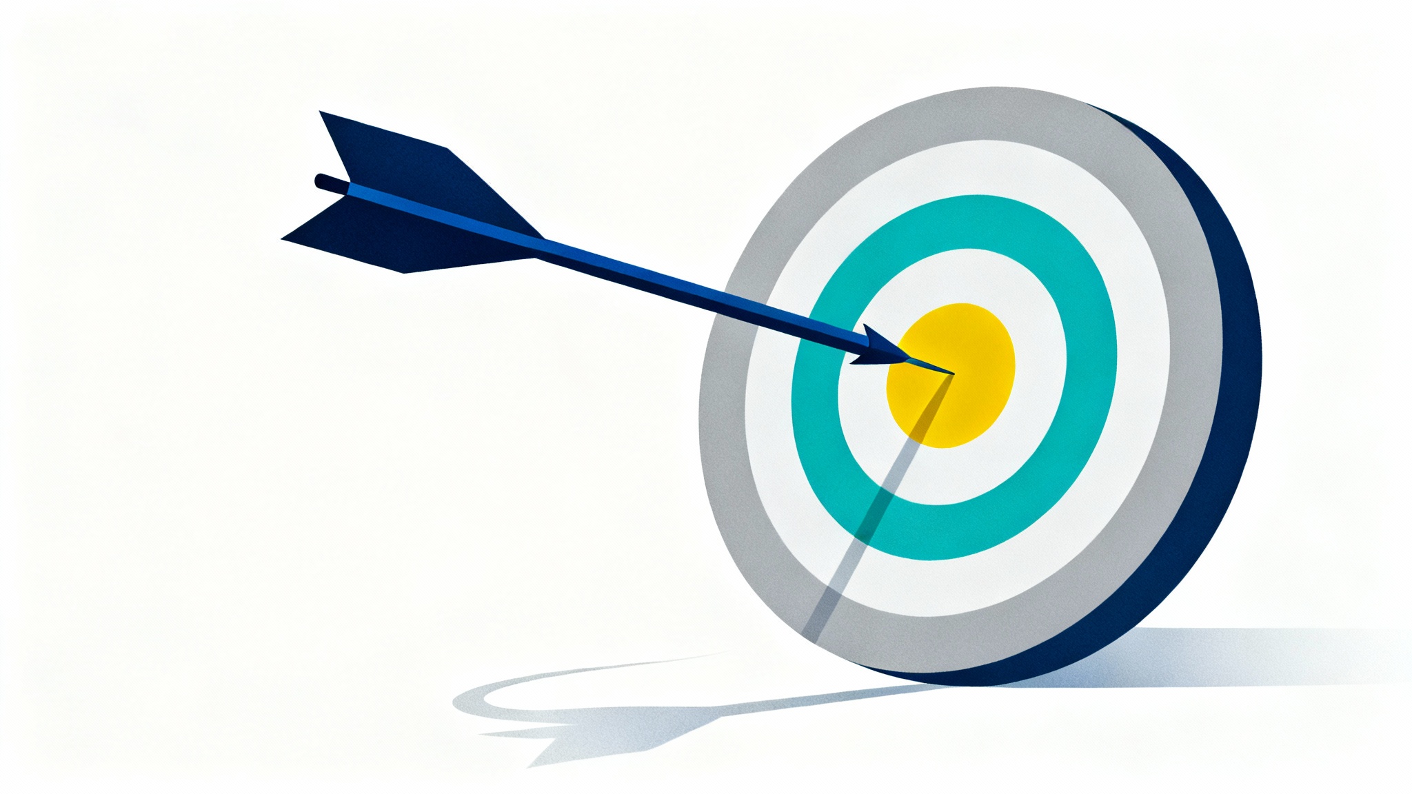 A minimalist illustration of a sleek arrow perfectly hitting the yellow bullseye of a target, symbolizing successful goal setting and achievement.