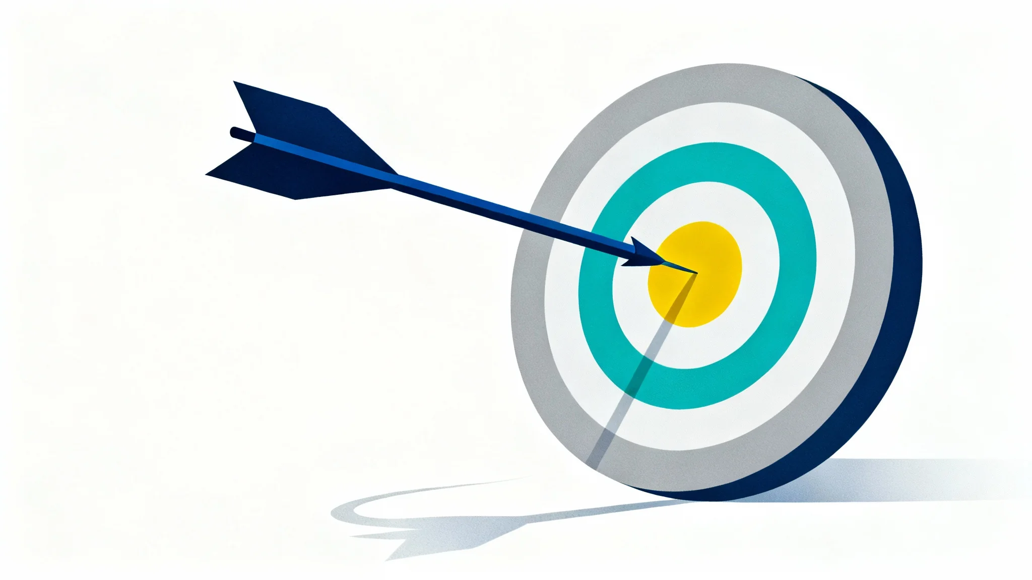 A minimalist illustration of a sleek arrow perfectly hitting the yellow bullseye of a target, symbolizing successful goal setting and achievement.