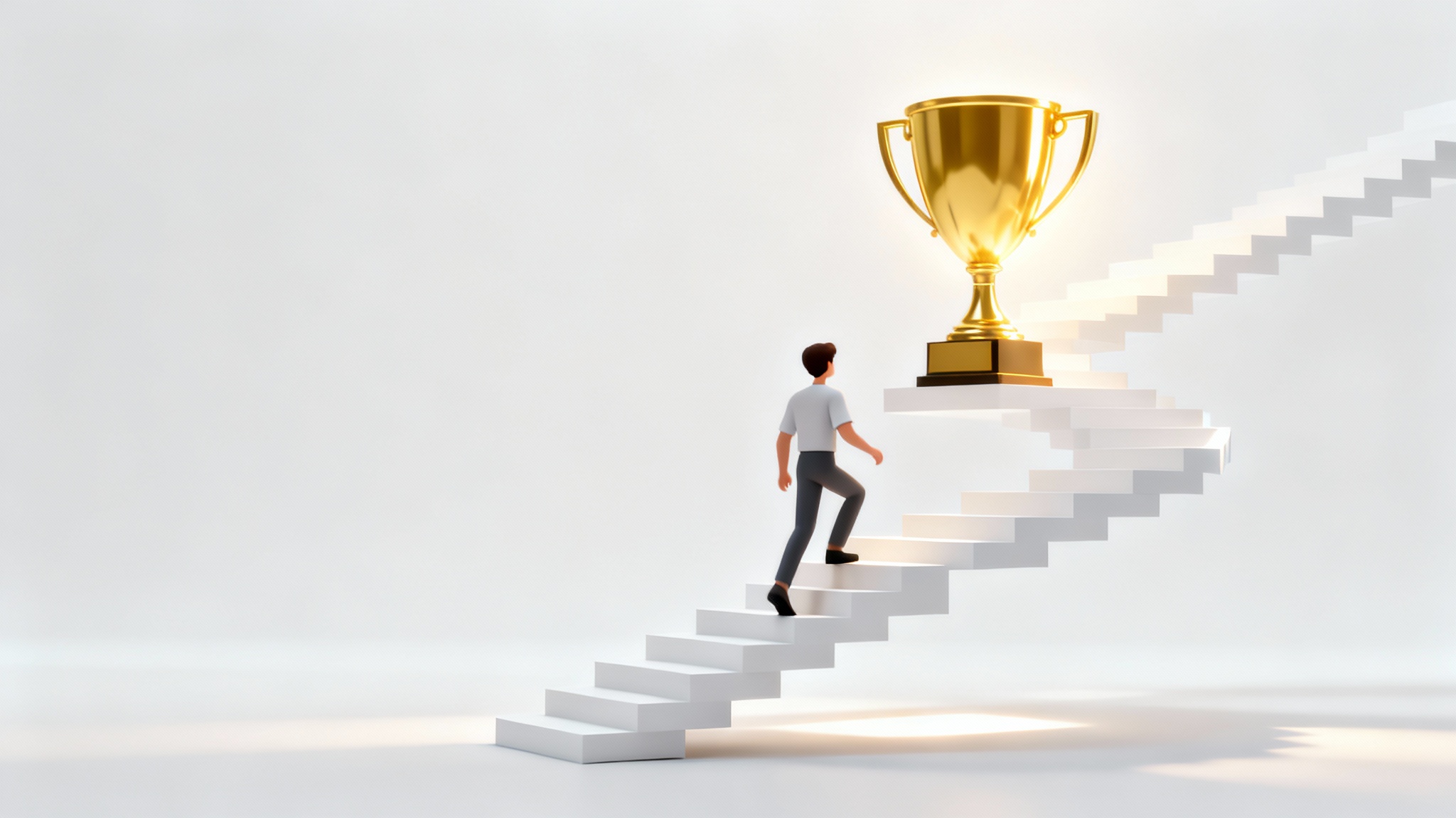 A minimalist 3D illustration of a stylized figure climbing a floating spiral staircase towards a glowing gold trophy, symbolizing the process of setting and achieving goals, set against a clean white background.