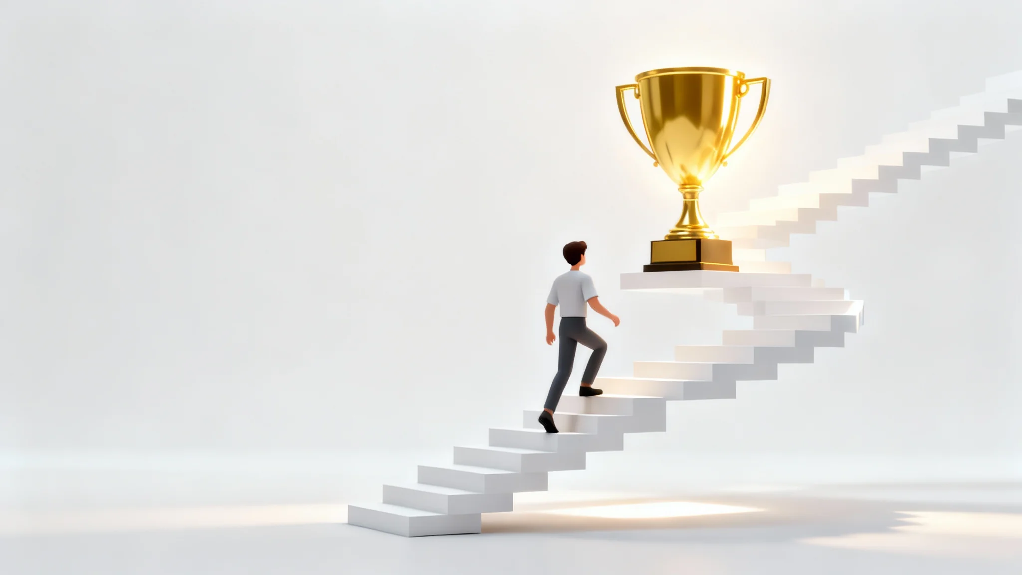 A minimalist 3D illustration of a stylized figure climbing a floating spiral staircase towards a glowing gold trophy, symbolizing the process of setting and achieving goals, set against a clean white background.