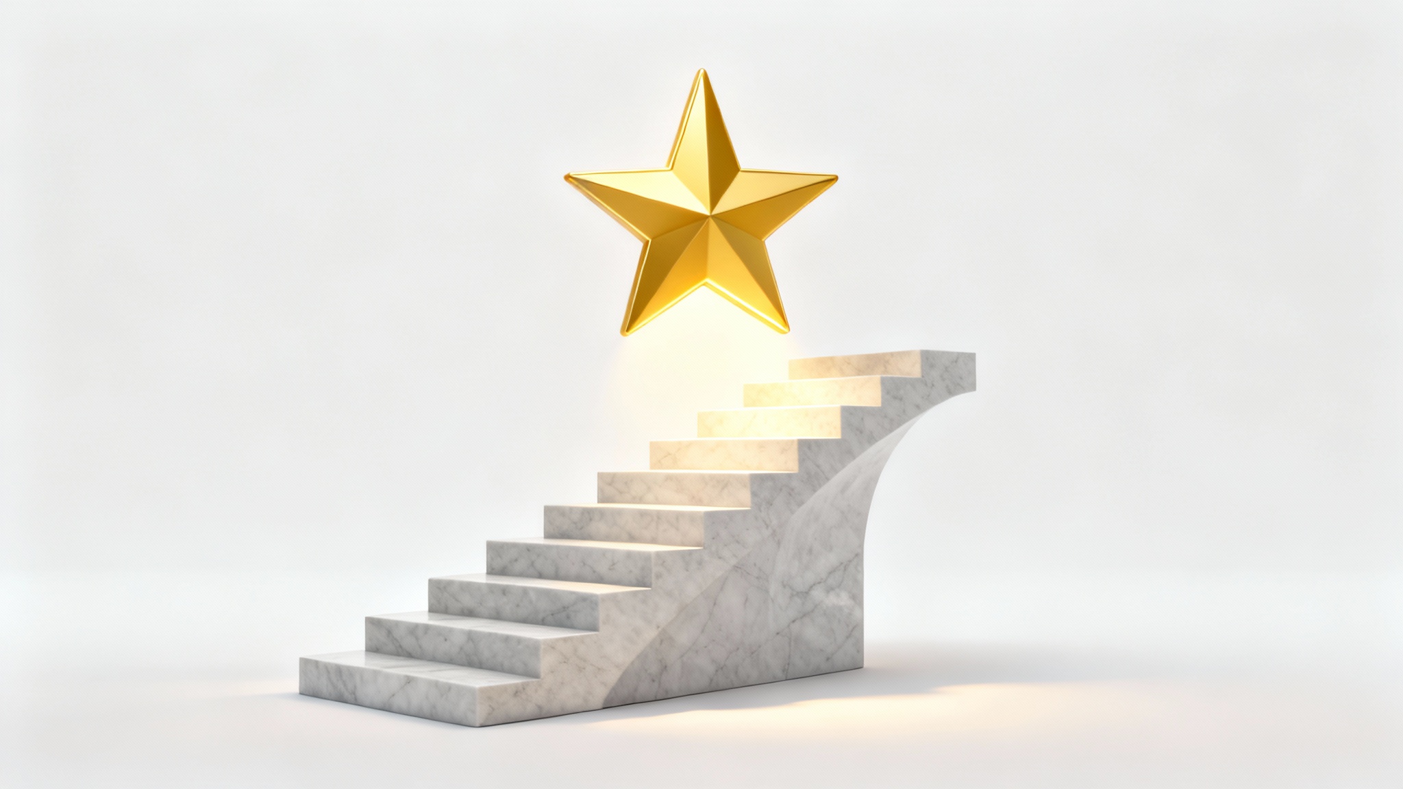 A minimalist 3D illustration of a staircase spiraling up towards a glowing yellow star, set against a white background, symbolizing the journey of setting and achieving goals.