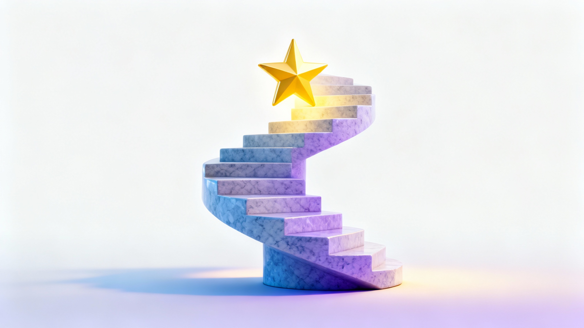 A 3D illustration symbolizing goal setting, showing a spiral staircase leading up to a bright, glowing star against a plain white background.