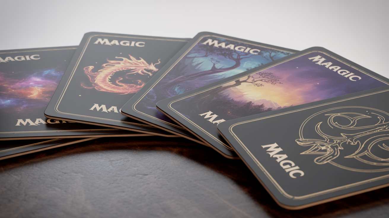 A fan of custom-designed Magic: The Gathering card backs, showcasing intricate fantasy art like a celestial dragon and an enchanted forest, with the word 'MAGIC' on each.