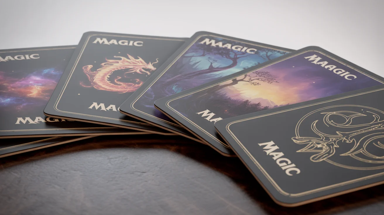 A fan of custom-designed Magic: The Gathering card backs, showcasing intricate fantasy art like a celestial dragon and an enchanted forest, with the word 'MAGIC' on each.