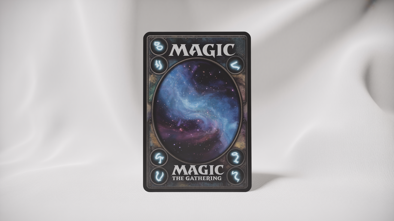 A custom-designed Magic: The Gathering card back featuring a swirling nebula design, displayed at an angle on a clean white background.