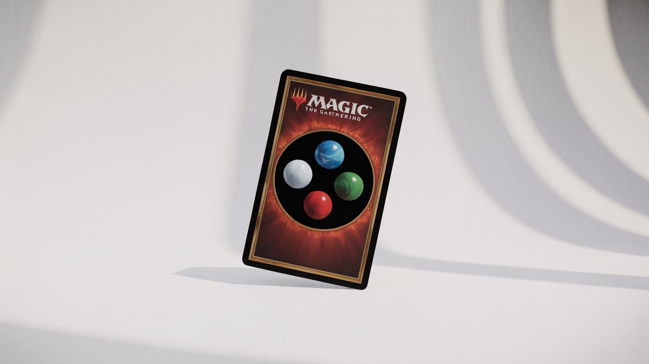 A close-up, photorealistic image of the back of a classic Magic: The Gathering card, featuring the word 'MAGIC' and the five mana symbols, set against a clean white background.