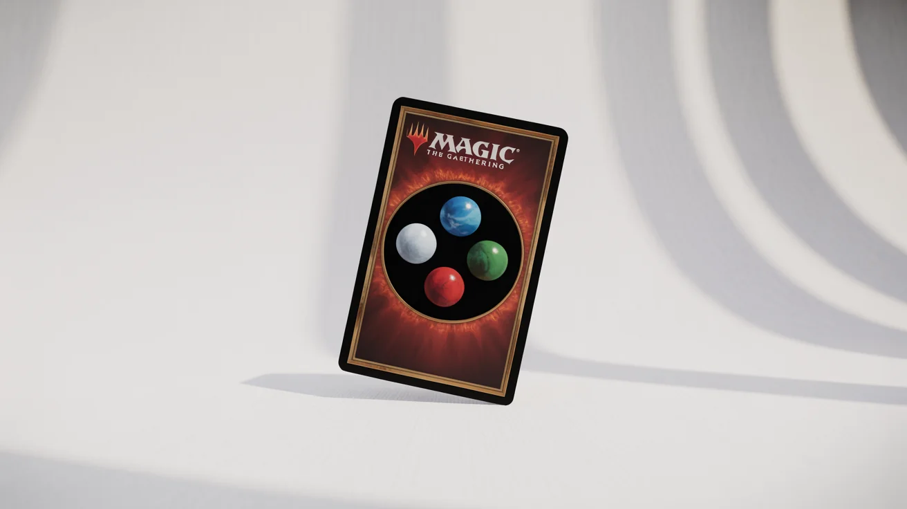 A close-up, photorealistic image of the back of a classic Magic: The Gathering card, featuring the word 'MAGIC' and the five mana symbols, set against a clean white background.