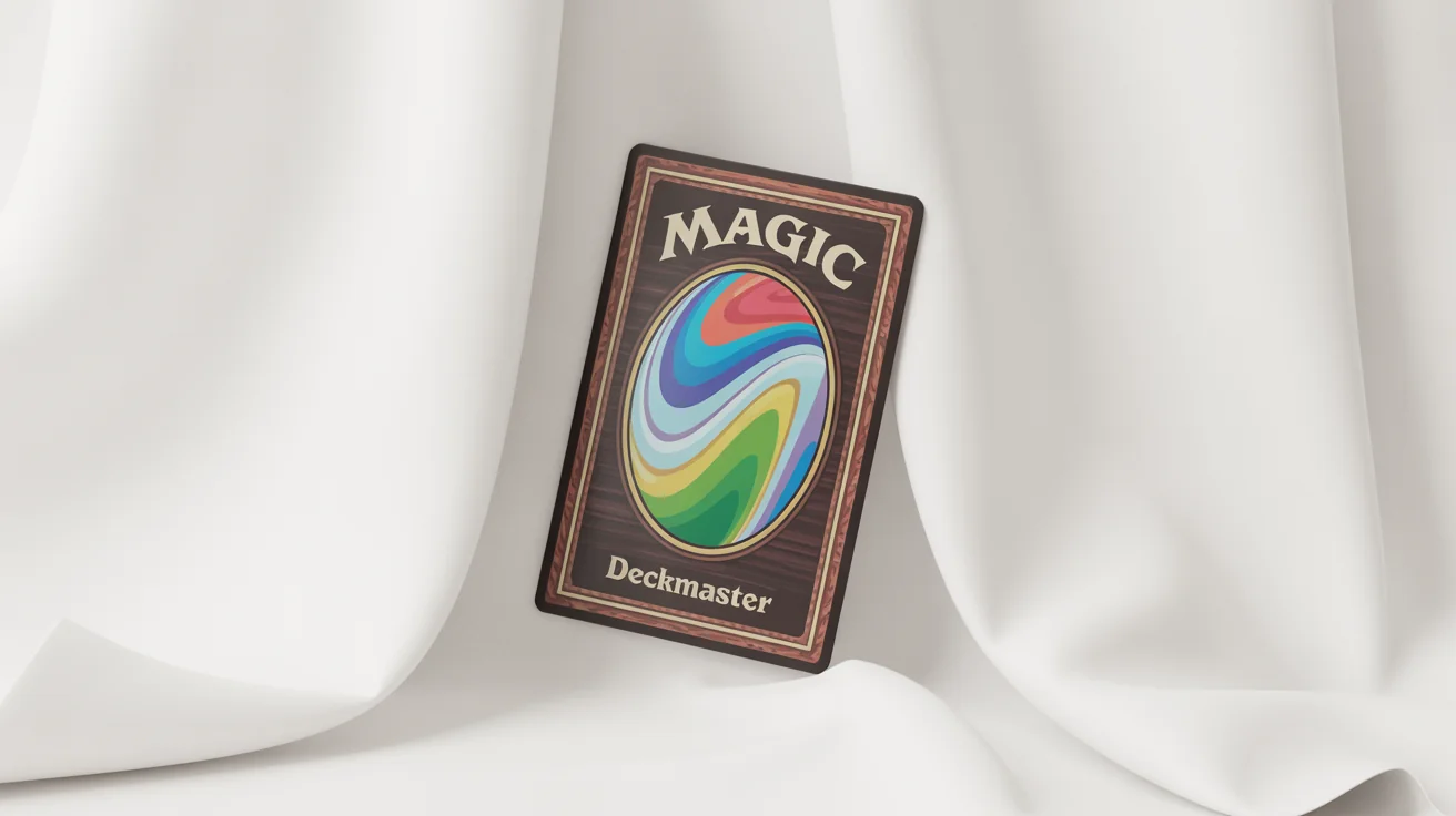 A photorealistic mockup of the back of a Magic: The Gathering trading card, featuring the iconic brown border, central color wheel, and the words 'MAGIC' and 'Deckmaster', shown at an angle on a white background.