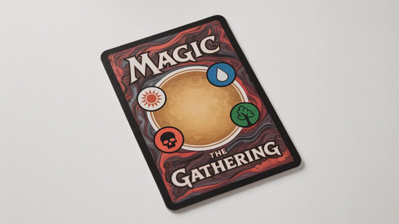 A photorealistic mockup of the back of a Magic: The Gathering card, displaying its iconic brown and red design, the central oval, and the five mana symbols on a clean white background.