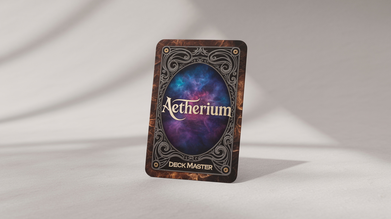 A mockup of a fantasy trading card back inspired by Magic: The Gathering, featuring a dark brown design with a central oval containing the word 'AETHERIUM'.