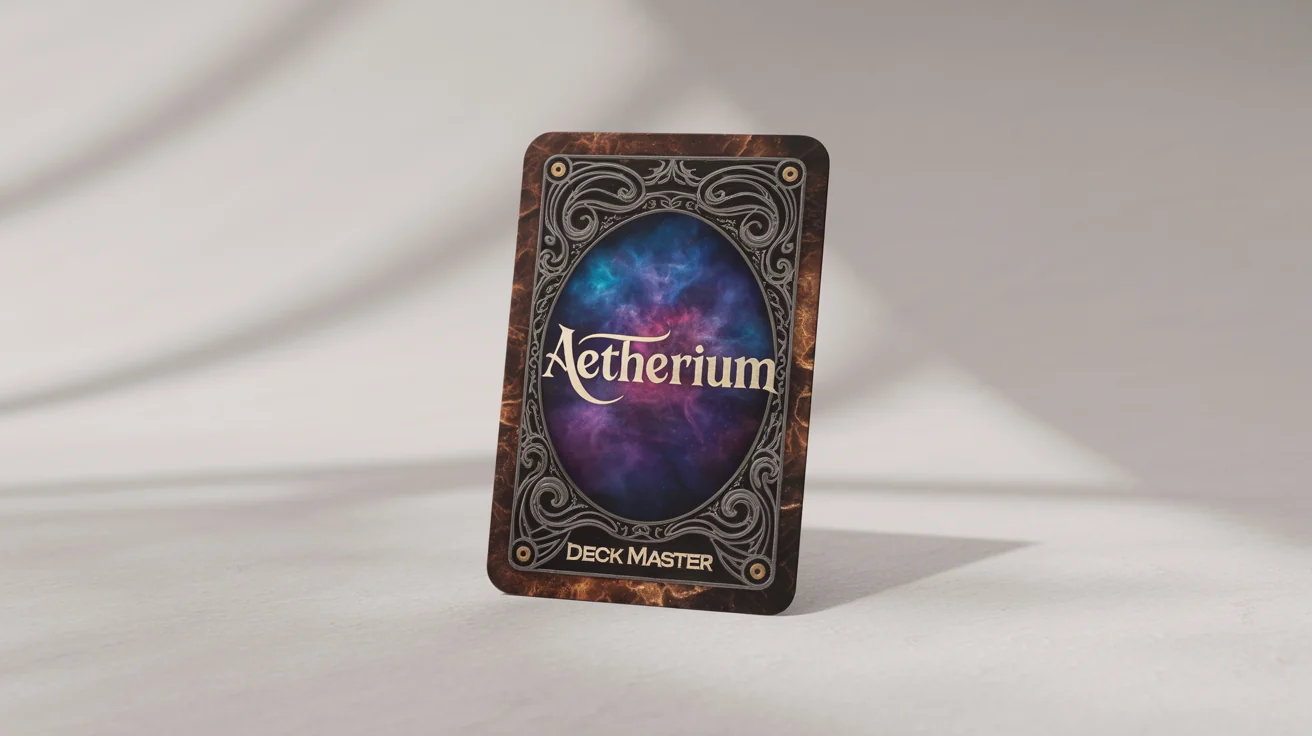 A mockup of a fantasy trading card back inspired by Magic: The Gathering, featuring a dark brown design with a central oval containing the word 'AETHERIUM'.