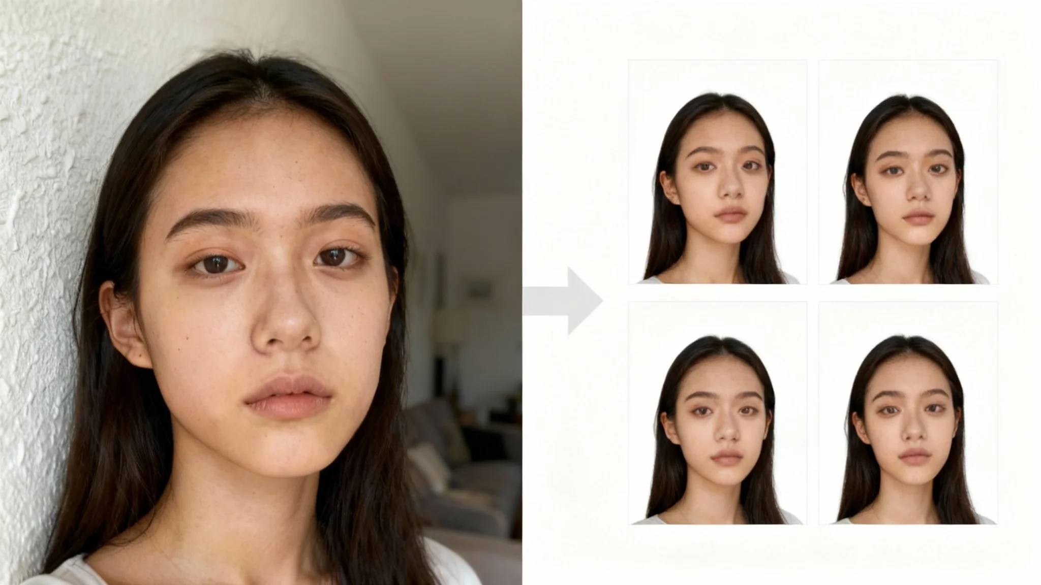 A before-and-after comparison of a passport photo service. The 'before' image on the left is a casual portrait of a woman in her living room. The 'after' image on the right shows two perfectly formatted, official passport photos of the same woman with a white background.