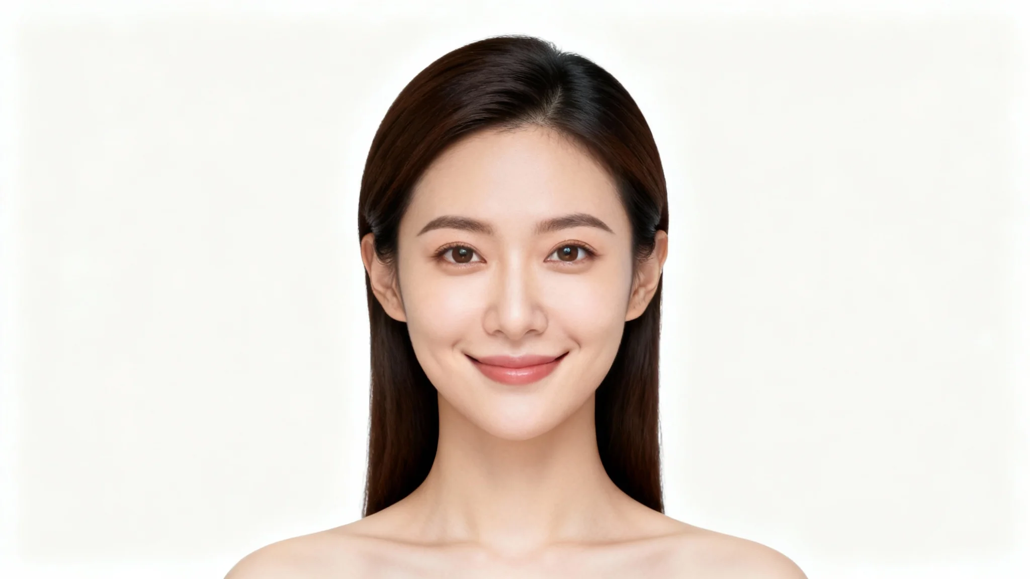 A compliant passport photo mockup of a woman with a neutral expression against a stark white background.