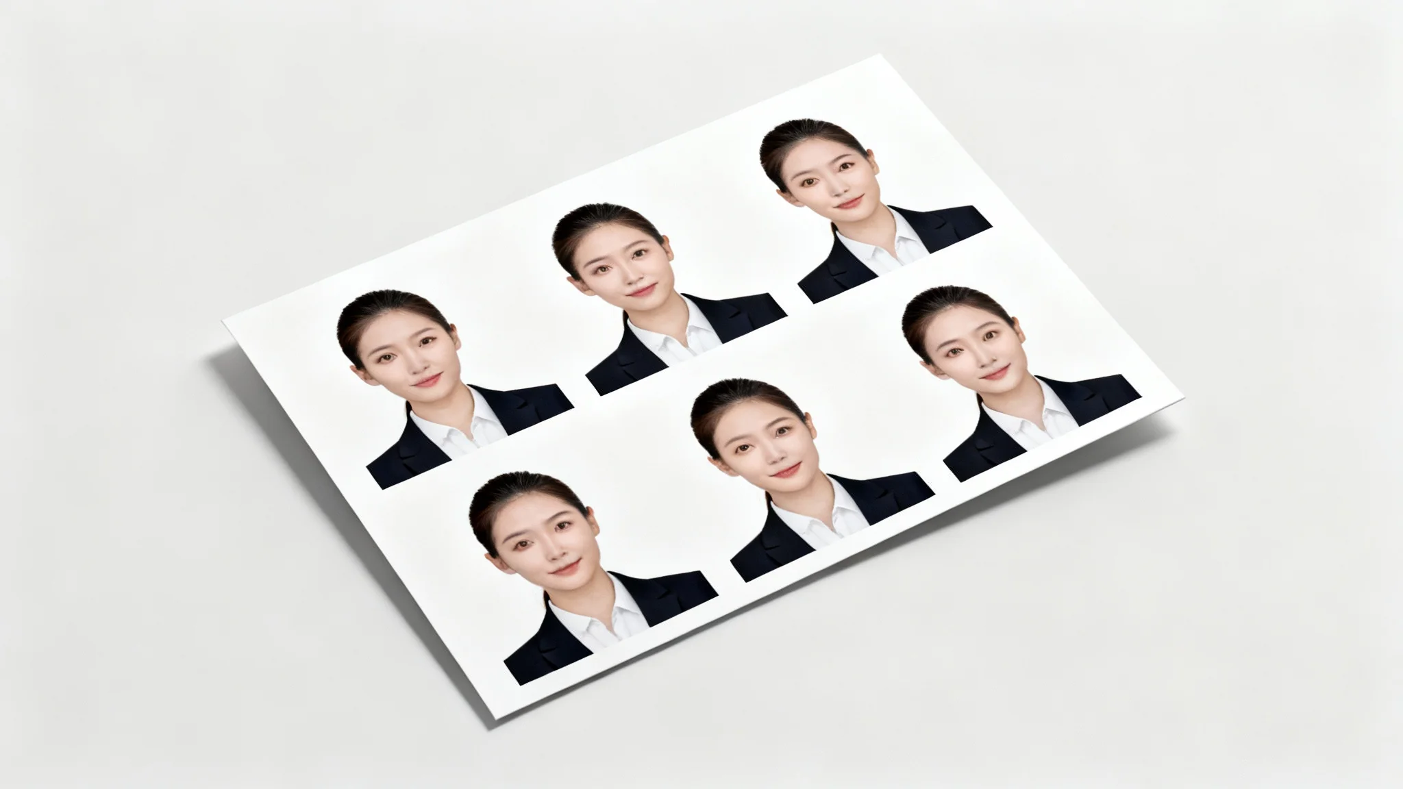 A mockup of a printed sheet containing six identical, professional-quality passport photos of a woman against a plain background.