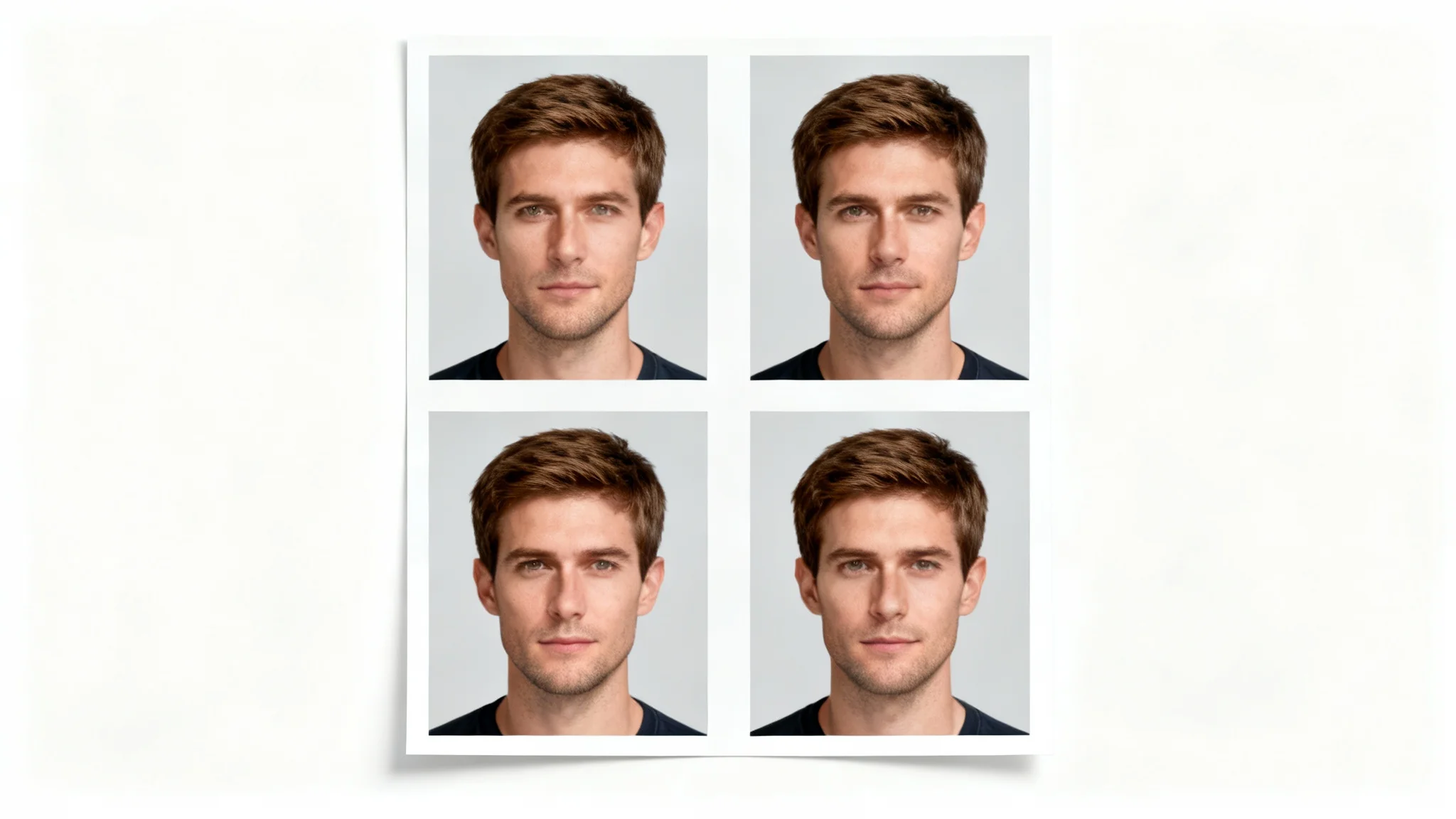 A mockup of four identical, regulation-compliant passport photos of a man, arranged in a grid on a clean white background.