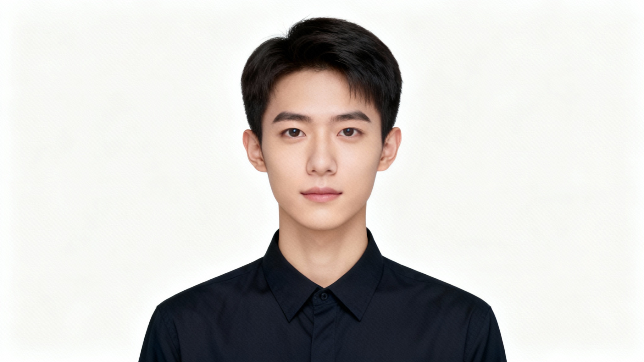 A professional, photorealistic passport photo of a person with a neutral expression, set against a stark white background.