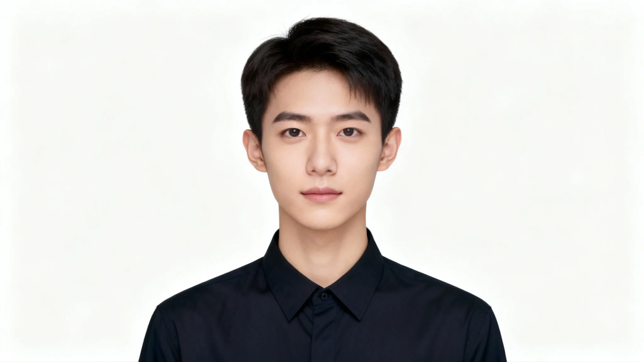 A professional, photorealistic passport photo of a person with a neutral expression, set against a stark white background.