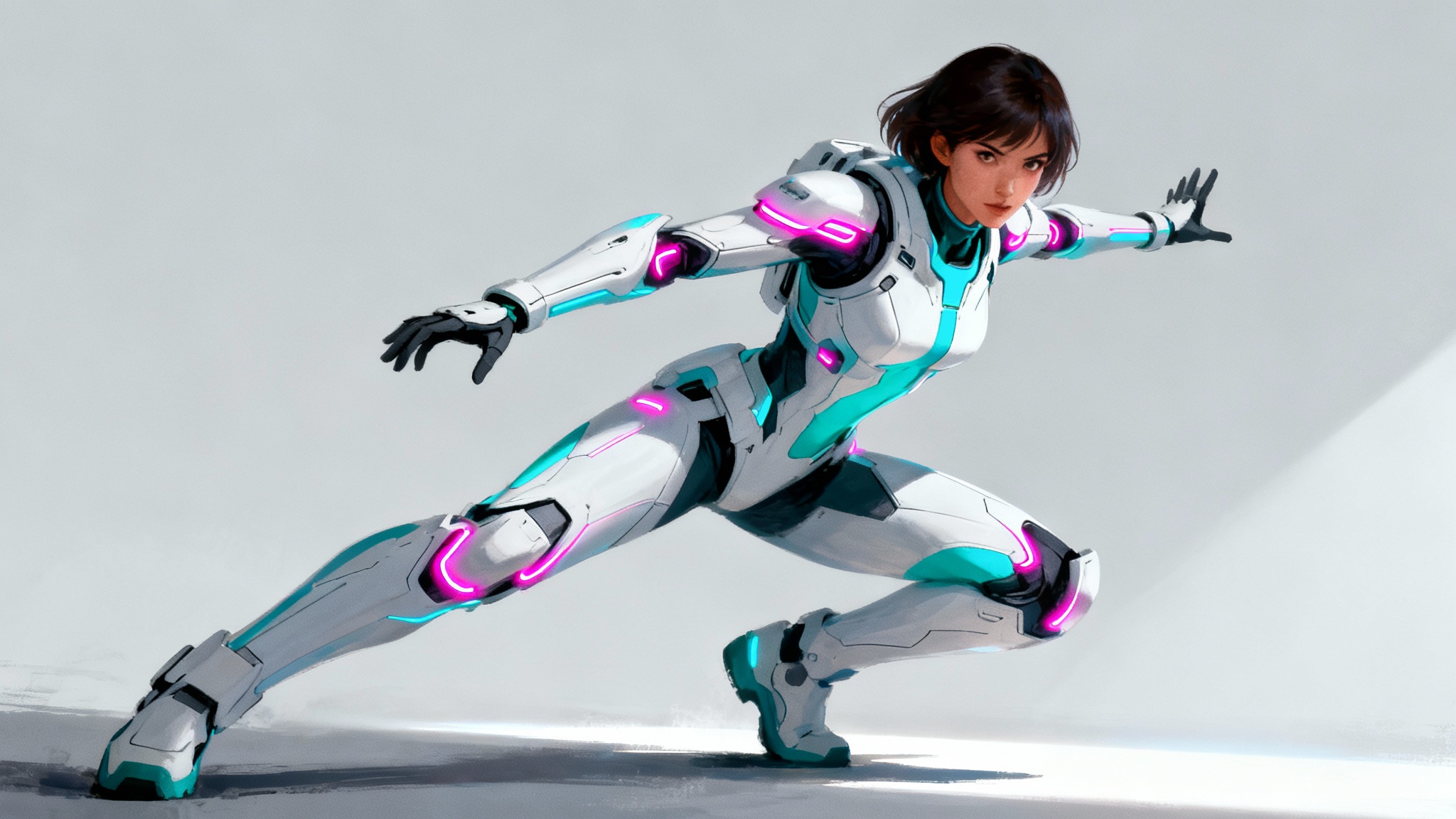 A professionally rendered digital drawing of a female sci-fi character in a dynamic pose against a clean background, showcasing a character design tool's final output.