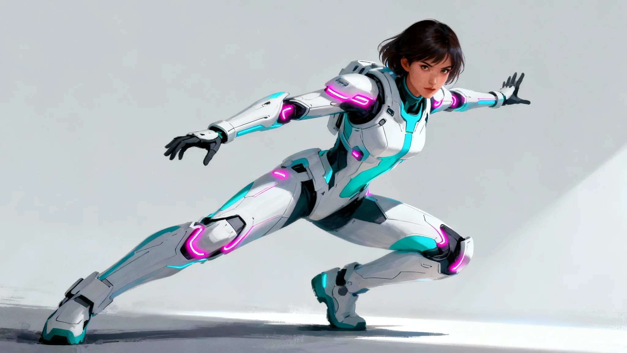 A professionally rendered digital drawing of a female sci-fi character in a dynamic pose against a clean background, showcasing a character design tool's final output.