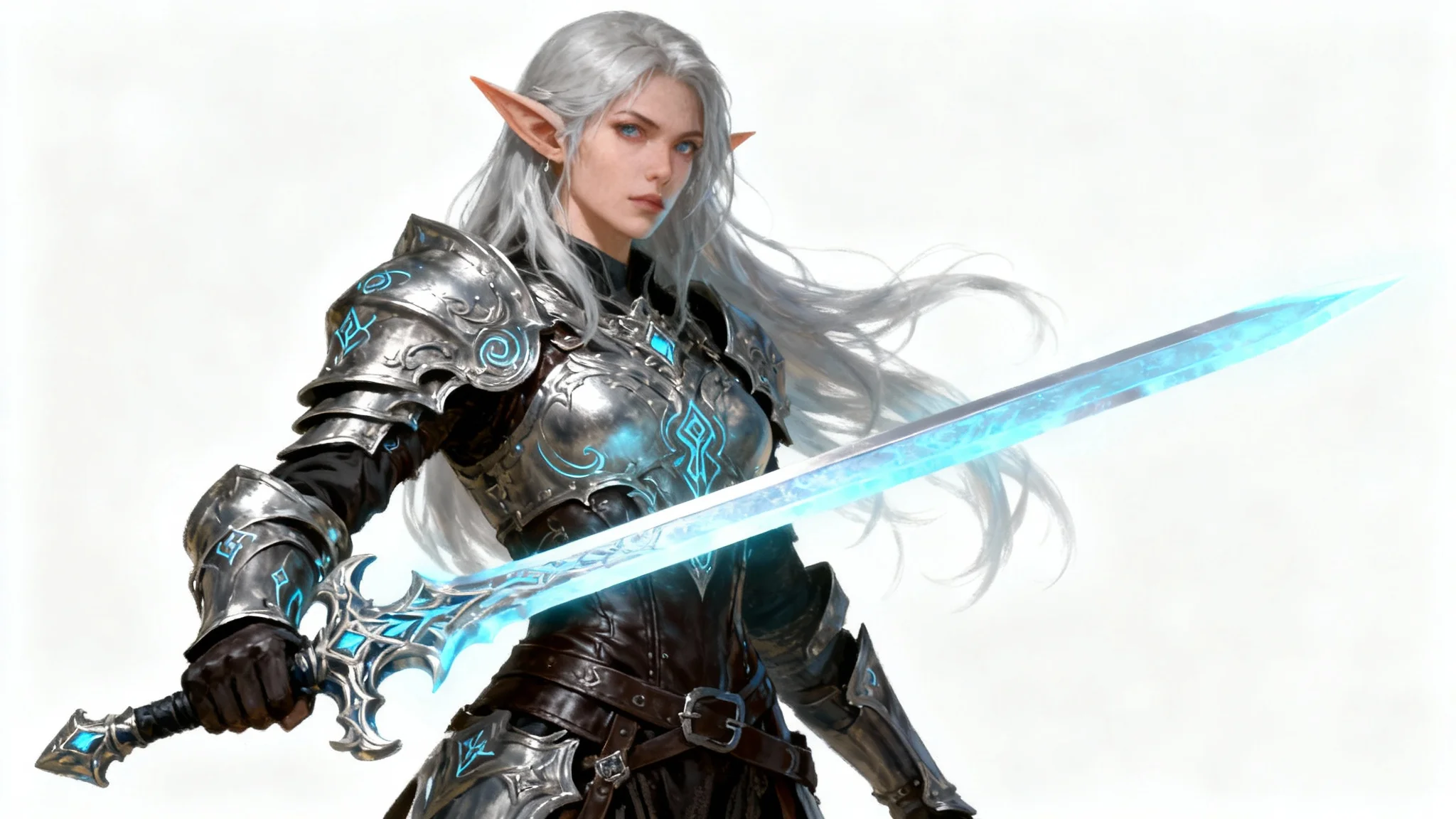 A full-body digital painting of a female elf warrior character with silver hair and ornate armor, holding a glowing sword against a plain white background.