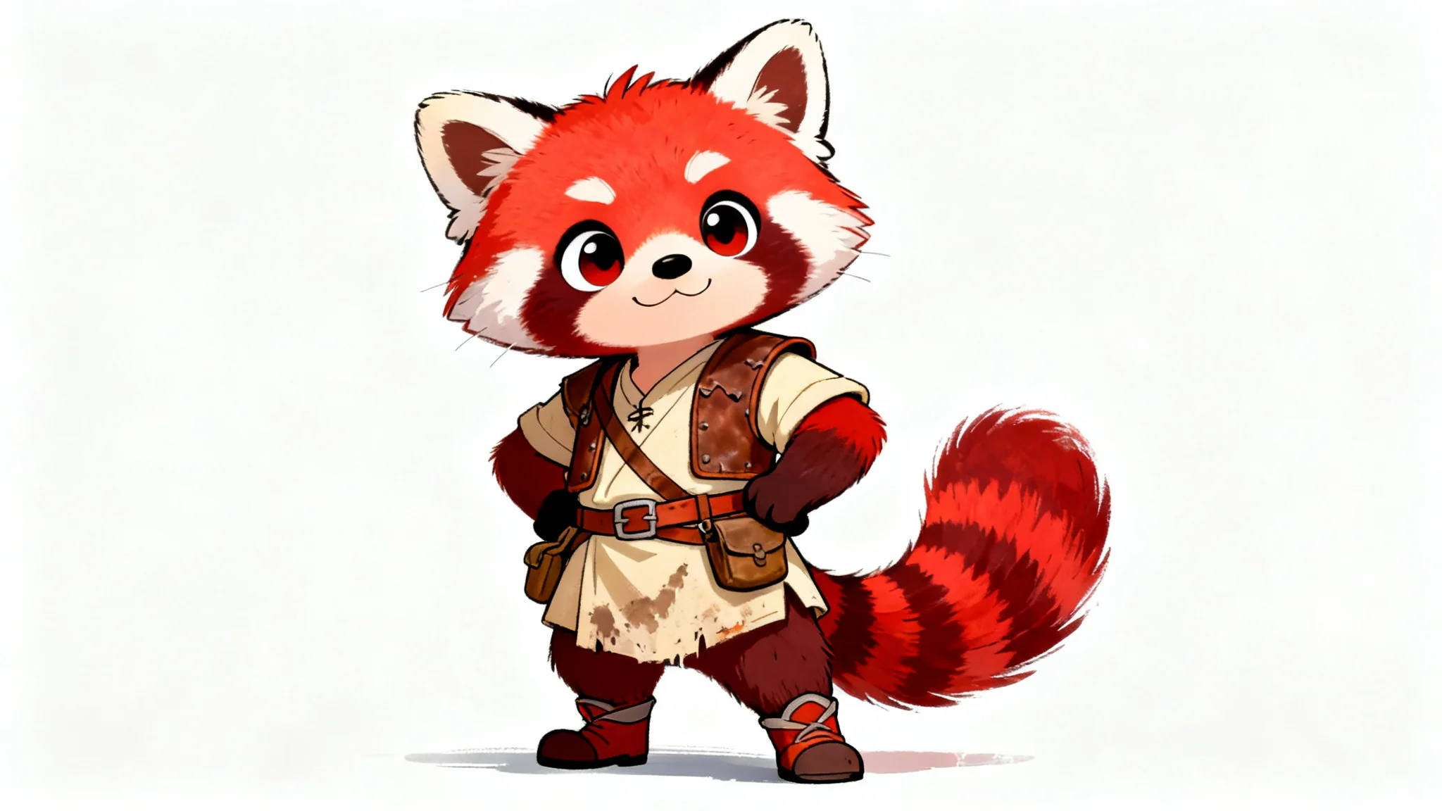 A full-body character drawing of a cute, anthropomorphic red panda adventurer in a fantasy outfit, presented in a clean concept art style against a white background.
