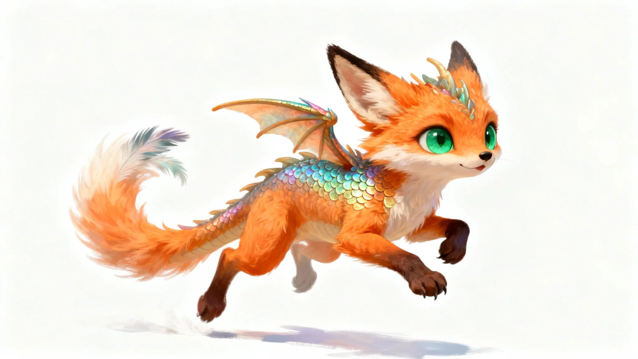 A detailed character drawing of a playful fantasy creature, a fox-dragon hybrid, in a dynamic pose against a solid white background.
