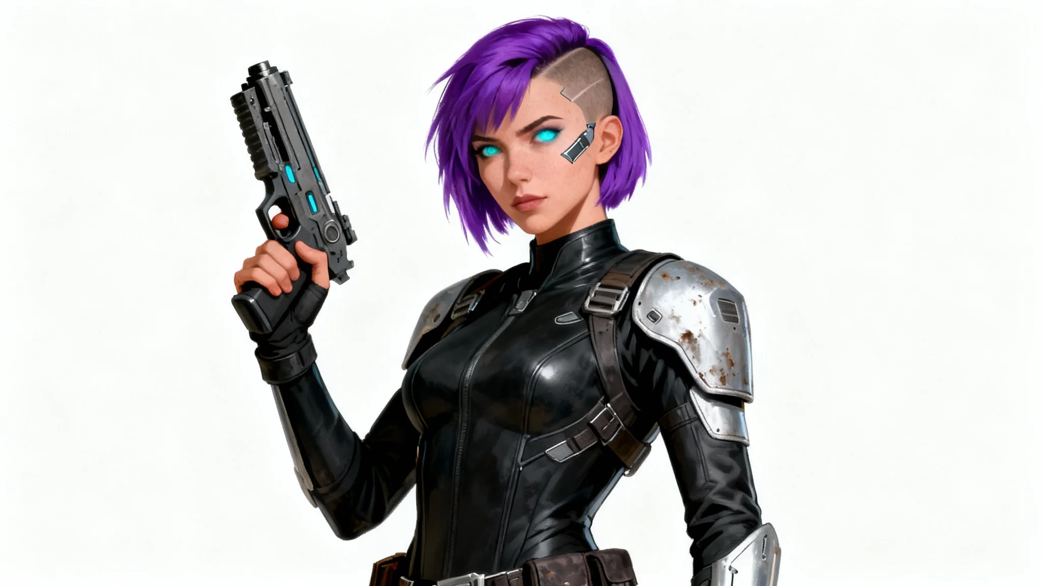 A digital painting of a female space pirate character with purple hair and cybernetic enhancements, holding a laser pistol against a solid white background.
